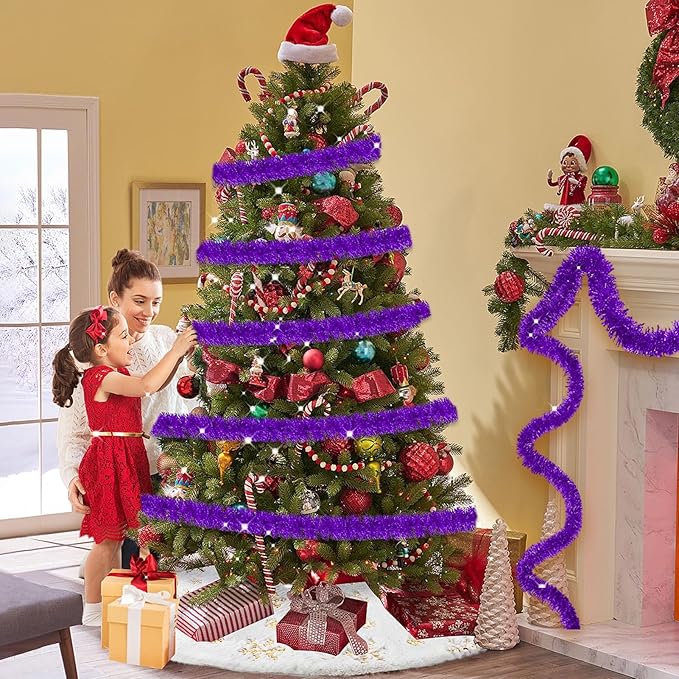 25 Feet Metallic Twist Tinsel Garland Wall Hanging Backdrop for Parade Floats, Christmas Eve, New Year, Valentine's Day Party Decorations (Purple, 4in x 25ft)