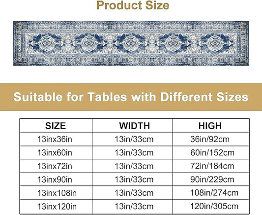 Vintage Boho Floral Table Runner, Rustic Country Farmhouse Blue Teal Retro Flower Pattern for Home Kitchen Table Decor Dining Coffee Room Party Decor 13x120in
