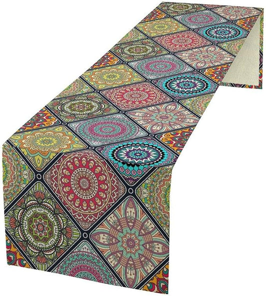 Boho Bohemian Table Runner, Vintage Indian Floral Print Table Cover for Farmhouse Kitchen Dining Table Decor Holiday Party, 13x36inch