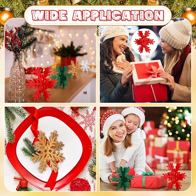 Bucherry 12 Pcs Wooden Snowflake Table Decor 3D Snowflake Tabletop Signs and Centerpiece for Christmas Xmas Winter Wonderland Decorations Home Party (White, Gold, Red,Green)