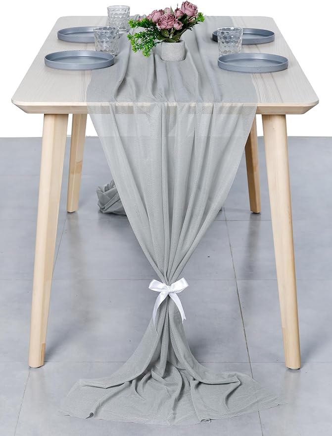 MDS 10 Pack 10ft Chiffon Table Runner 29 x 120 Inches Sheer Wedding Runner Romantic Rustic Table Runner for Wedding Decorations, Birthday Parties, Bridal Shower Party Arch Decor - Gray
