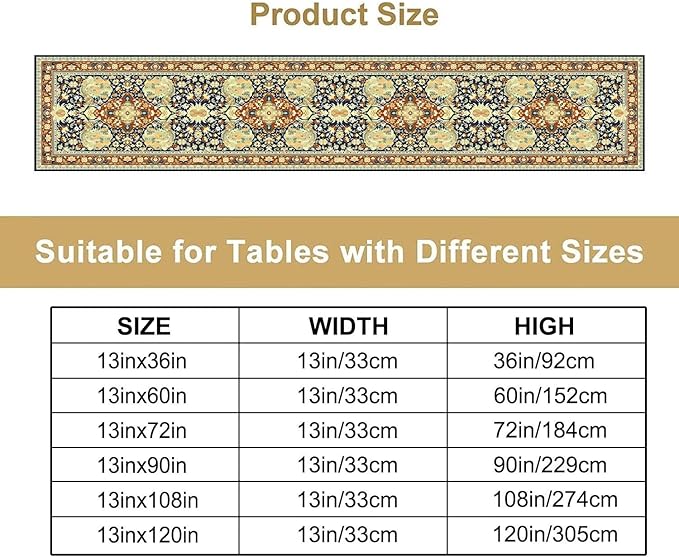 Vintage Boho Floral Table Runner, Elegant Luxurious Rustic Country Farmhouse Navy Blue Gold Retro Flower Pattern for Home Kitchen Table Decor Dining Coffee Room Party Decor 13x120in