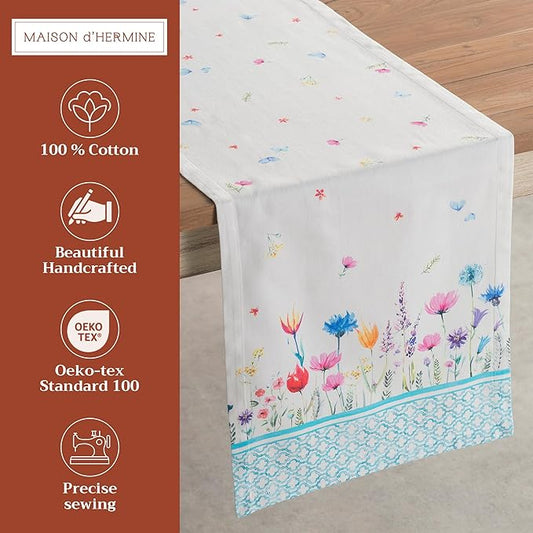 Maison d' Hermine Table Runner 100% Cotton Double Layer Table Runners 108 inches Long Decorative for Home Kitchen Dining Party Wedding Bridal Shower Spring Summer (Flower in The Field, 14.50" x 108")