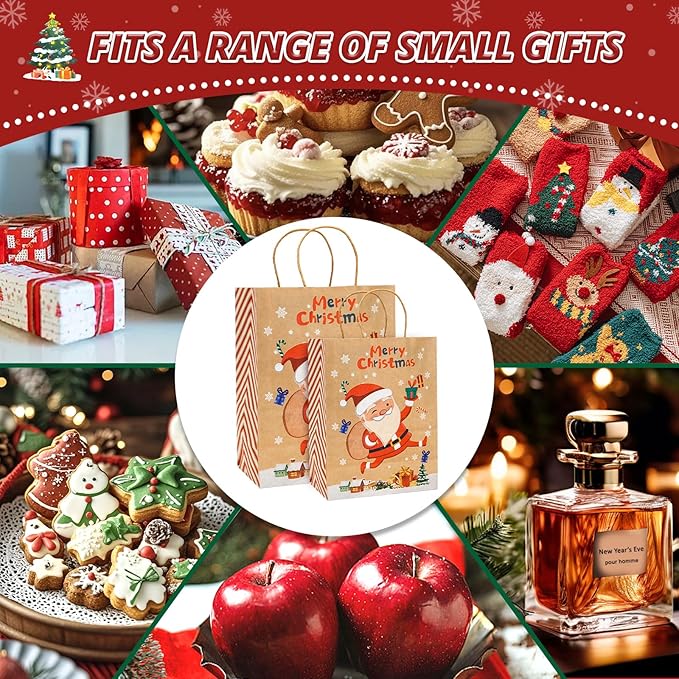 LYLIN 10Pcs Kraft Christmas Gift Bags, Christmas Tote Bags with Handles for Holiday, Reusable Xmas Treat Bags for Wrapping Gifts, Party Favors and Holiday Decor (5 Medium, 5 Small)