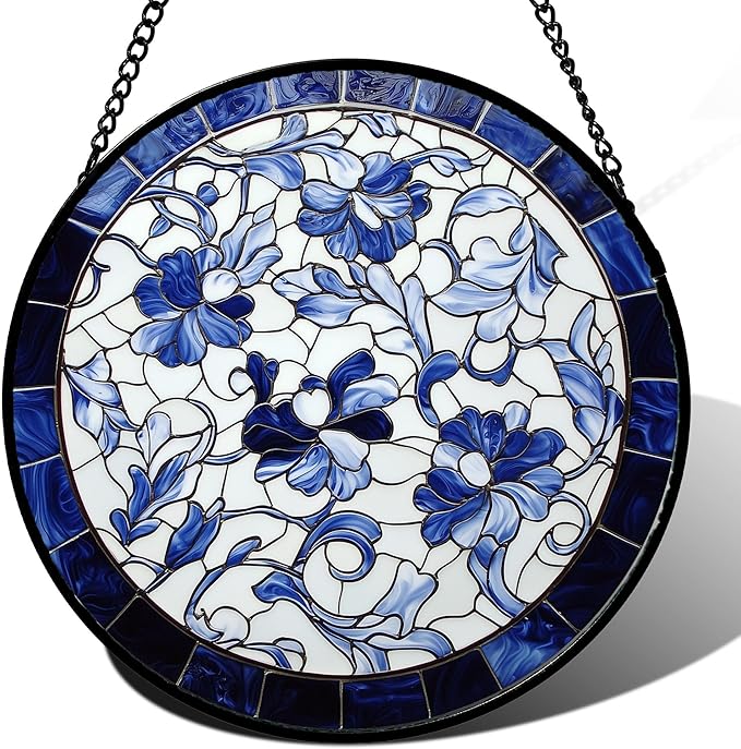 Stained Glass Window Hanging, Blue and White Abstract Flowers Sun Catcher for Door Home Decor Suncatcher Christmas Mother's Day Birthday Gifts for Women Men Mom and Nana 15 in