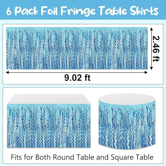 6Pack 29 x108 Inch Light Blue Wave Foil Fringe Table Skirts Metallic Banner for Tinsel Streamer Garland Backdrop for Parade Floats, Mother's Day, Easter, Graduate, Birthday, Wedding Party Decoration