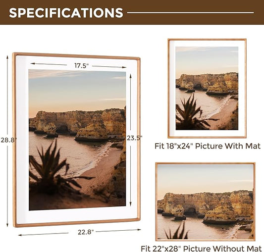 22x28 Picture Frame USA-Sourced Natural Cherry Wood Solid Original Wood Photo Frame Rounded Corner with Mat to 18x24 Picture Display with Real Glass Family Picture, Wedding Picture, Photo, Certificate