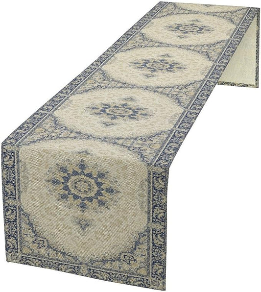 Boho Bohemia Style Table Runner, Vintage Blue Gold Retro Flower Rustic Country Style Floral Print Pattern for Home Kitchen Table Decor Dining Coffee Room Garden Party Decor 13x120in