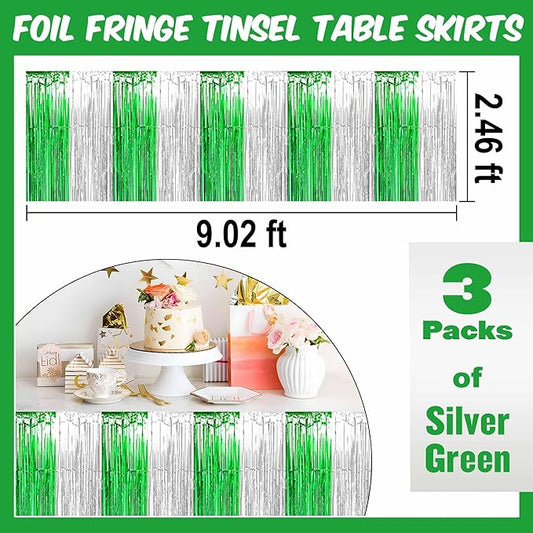 3 Pack Silver Green Foil Fringe Table Skirts Metallic Tinsel Streamers Garland Banner Backdrop for Table Decor, Parade Float, Birthday, Wedding, Halloween, Christmas Party Decorations(29x108 In)