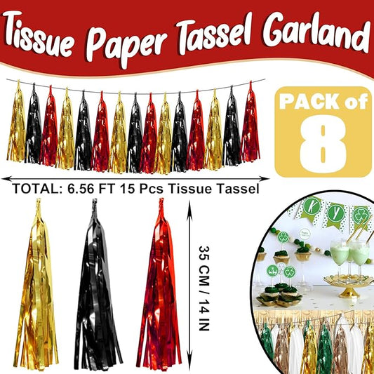 8P Black-Red Gold Foil Fringe Metallic Tassel Garland, Tassels Banner Streamers for Parade Floats, Bachelorette, Wedding, Birthday, Halloween, Christmas, Bridal/Baby Shower Party Decorations