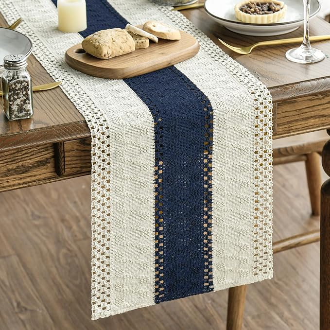Artoid Mode Dark Blue Farmhouse Rustic Table Runner, Seasonal Holiday Hollow Kitchen Dining Table Decoration for Home Party Decor 12x36 Inch