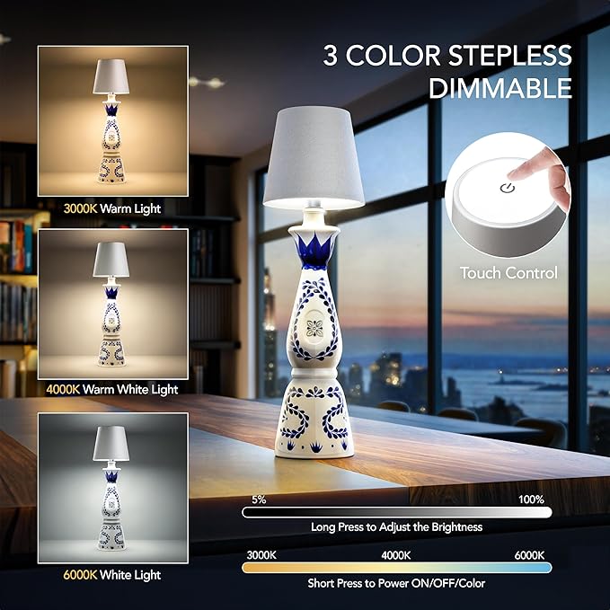 Wireless Bottle Lamp for Any Type of Bottle - LED Bottle Lamp for Indoor & Outdoor - 100% Waterproof - Adjustable Brightness and Light Temperature 3000-6000K - Wireless & Rechargeable (Black)
