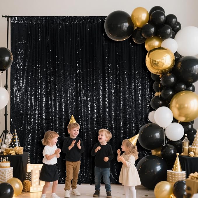 SquarePie Sequin Backdrop Less See Through Thick Stain Background Glitter Curtain Halloween Party 8FT x 8FT Black