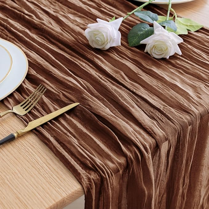 Asee'm Cheesecloth Table Runner 120 Inches Long Brown Boho Gauze Cheese Cloth Runner 10FT Rustic Sheer Fall Table Runners for Thanksgiving Wedding Party Baby Shower Decoration