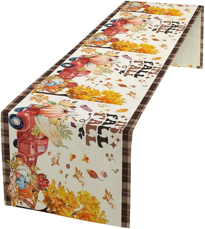 Fall Pumpkin Table Runner,Rustic Maple Yellow Leaf Trees Truncks Brown Plaid Tablecloth Burlap for Hotel Indoors Outdoor Dining Room Kitchen Home Decor,W13X L90 in