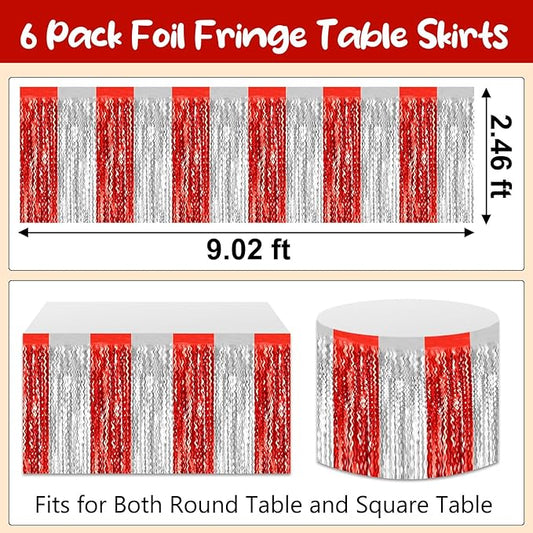 6 Pack 29 x108 Inch Red Silver Wave Foil Fringe Table Skirts Metallic Banner for Tinsel Streamer Garland Backdrop for Parade Floats, Mother's Day, Easter, Wedding, Birthday Party Decoration