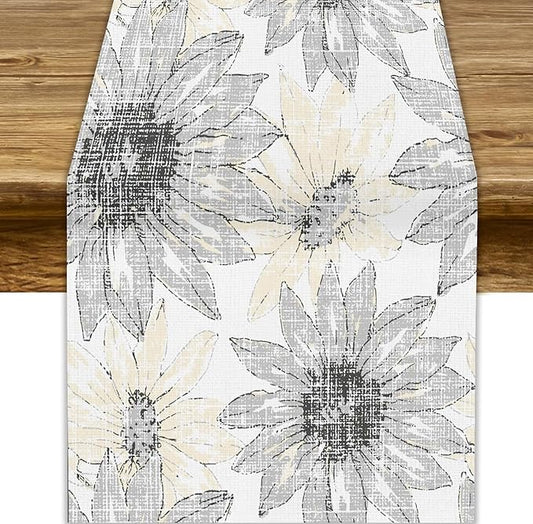 Chrysanthemum Vintage Floral Table Runner, Elegant Grunge Green Sunflower Spring Summer Elegant Pattern Artichokes Flower Table Runner for Party Kitchen Dining Living Room Decor, 13x36 Inch