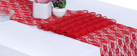 MDS Pack of 20 Wedding 12 x 108 inches Lace Table Runner for Wedding, Decorations for Birthday Parties, Banquets, Graduations, Engagements, and Runners fit Rectangle, Round Table- Red
