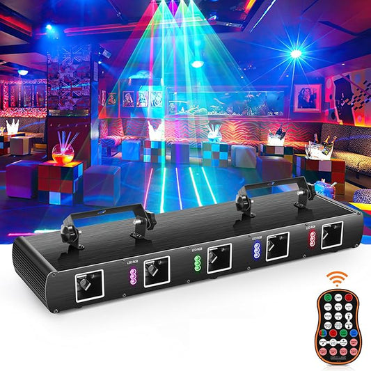 DJ Laser Lights,5 Beam Effect Sound Activated Strobe Laser Light Show with Remote Control Laser Light Projector Party Lights Indoor for Birthday Disco KTV Club Stage DJ Lighting