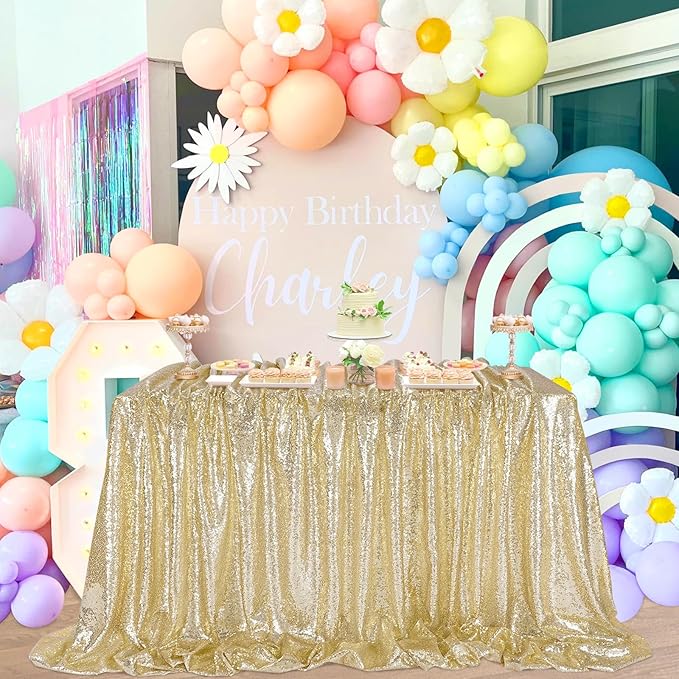 QueenDream Light Gold Sequin Decorative Party Tablecloth: Large Shimmer Dessert Table Overlay 90x132 Inch Dinner Table Drapes Cocktail Xmas Decor