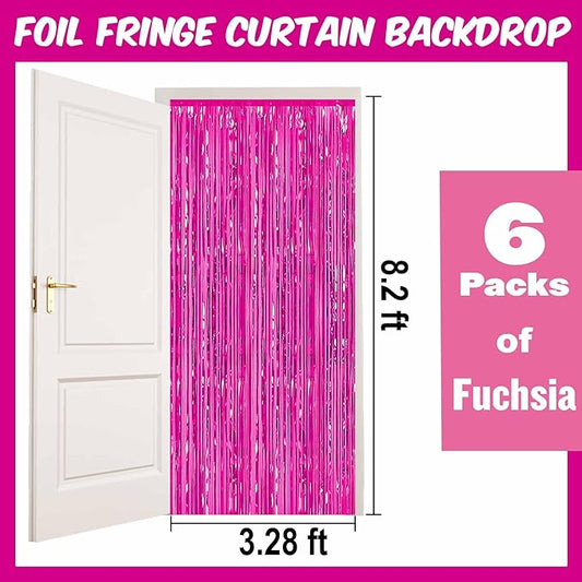 6 Pack Fuchsia Foil Fringe Curtains Backdrop, 3.28 x 8.2 Ft Metallic Streamers Tinsel Curtains Background for Photo Booth, Birthday, Weddings, Carnivals, Graduation, Themed Party Decorations
