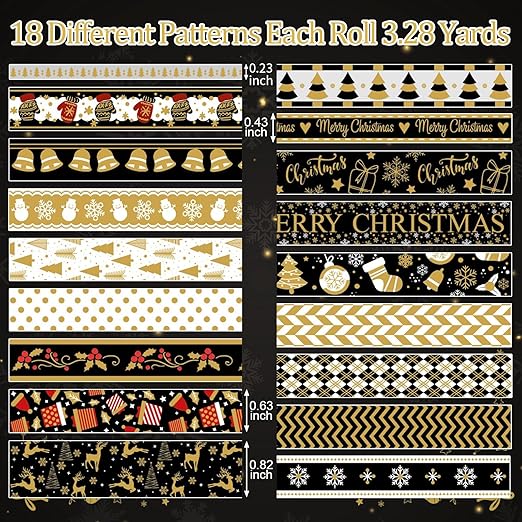 18 Rolls Christmas Washi Tape Holiday Masking Tape Black Christmas Wrapping Tape Glod Silver Foil Decorative Tape for Christmas Scrapbook Journal DIY Craft Gift Wrapping（Xmas Black