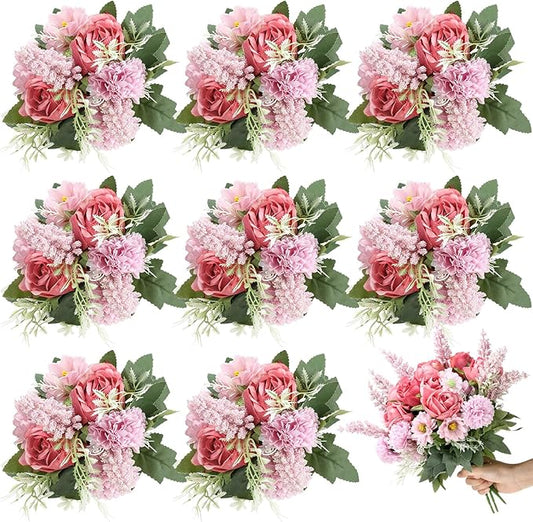 Zeyune 8 Pcs Wedding Silk Flowers Fake Silk Flowers Faux Bouquet Hydrangea Bouquets for Wedding Birthday Party Table Centerpieces Home Decoration (Bean Paste Pink,Rose)