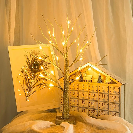 Sunnyglade 2PCS 2Ft 24 LED Birch Tree Light Fairy Tree Bonsai Tree Light Warm White for Home Wedding Festival Party Christmas Decoration (Golden)