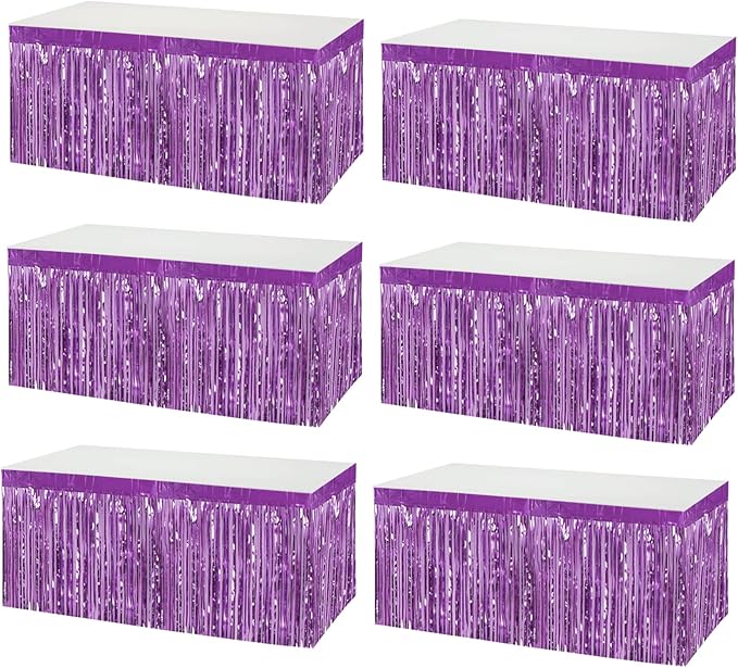 6 Pack 29x108 Inch Metallic Foil Fringe Tinsel Table Skirts Banner for Rectangle Tables Streamer Garland Backdrop for Wedding, Birthday, Parade Floats, Christmas Party Decoration(Light Purple)