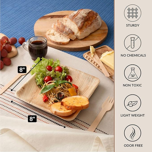 Luxe Designs Palm Leaf Plate - Eco-Friendly Disposable Dinnerware - Heavy-Duty Compostable & Biodegradable - Microwave & Oven Safe - 8" Set of 50