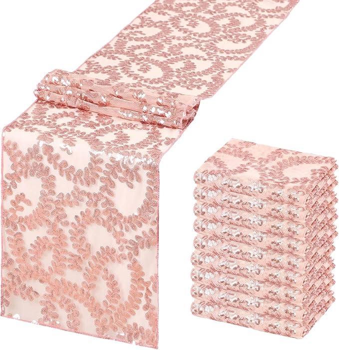 Rose Gold Flower Table Runners 10 Pieces 12x72 Inches Sequin Glitter Table Runner for Wedding Banquet Event Party Decorations