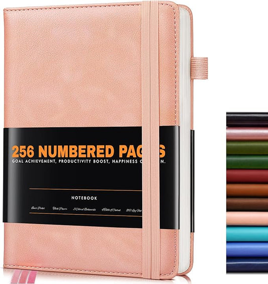Lined Journal Notebook for Women Men, 256 Numbered Pages Hardcover Leather Journals for Writing, A5 Journaling Notebooks, College Ruled Journal for Business Work School 5.75" x 8.38" Pink leather