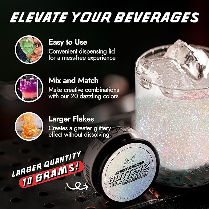 MONÉGASQUE Magic Rainbow Edible Glitter for Drinks 10g – Edible Glitter for Cakes & Cocktails – Cocktail & Drink Shimmer Powder – Sparkles for Drinks – Halloween Food & Cake Decorations Spray Dust