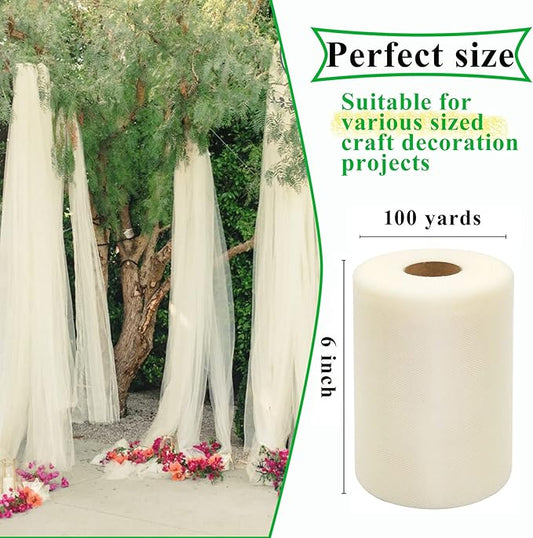 Ivory Tulle Fabric Rolls 6 Inch by 100 Yards (300 feet) Fabric Spool Tulle Ribbon for DIY Ivory Tutu Bow Baby Shower Birthday Party Wedding Decorations Christmas Craft Supplies