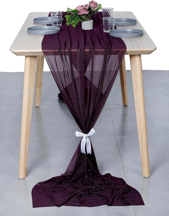 MDS Halloween Chiffon Table Runner - 25 Pack, 29 x 170 Inches, 14ft Each - Sheer Spooky Table Runners for Haunted House Parties, Trick-or-Treat Tables, Witchy Décor, Wedding & Events - Eggplant
