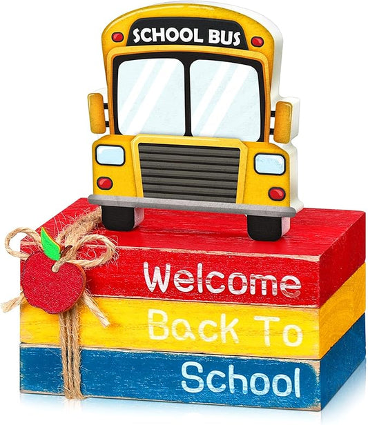4 Pcs Back to School Table Decorations First Day of School Tiered Tray Decorations Decorative Mini Wooden Books Subject Signs for Office Shelf Classroom Tabletop Bookshelf(Bus)