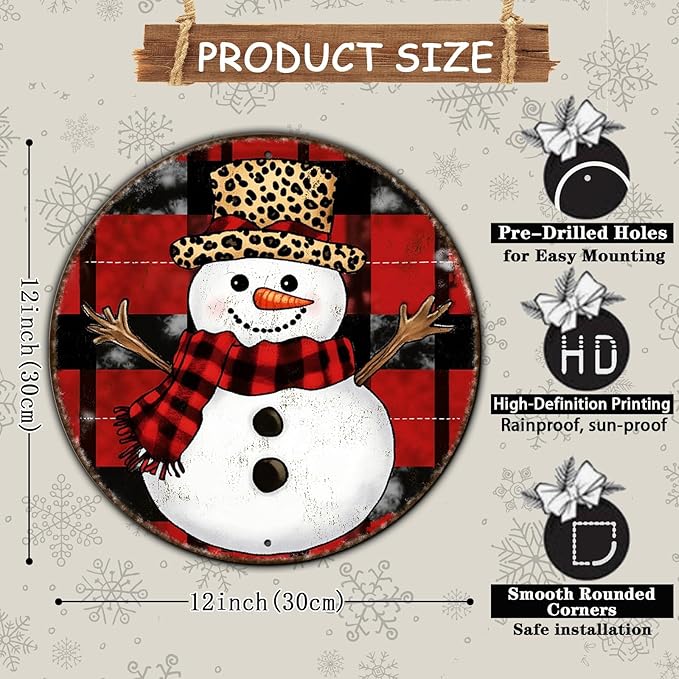 Round Christmas Snowman Tin Sign Vintage Snowman Sign Rustic Wall Decor For Christmas Home Fireplace And Holiday Gatherings Retro Sign 12 * 12 in