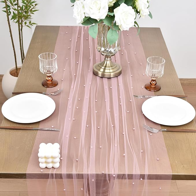 Joanlody Fall Pearl Table Runner 10ft Rustic Boho Tulle Table Runner with Pearls for Baby Shower Wedding Party Veil Dessert Thanksgiving Table Decor Dusty Rose