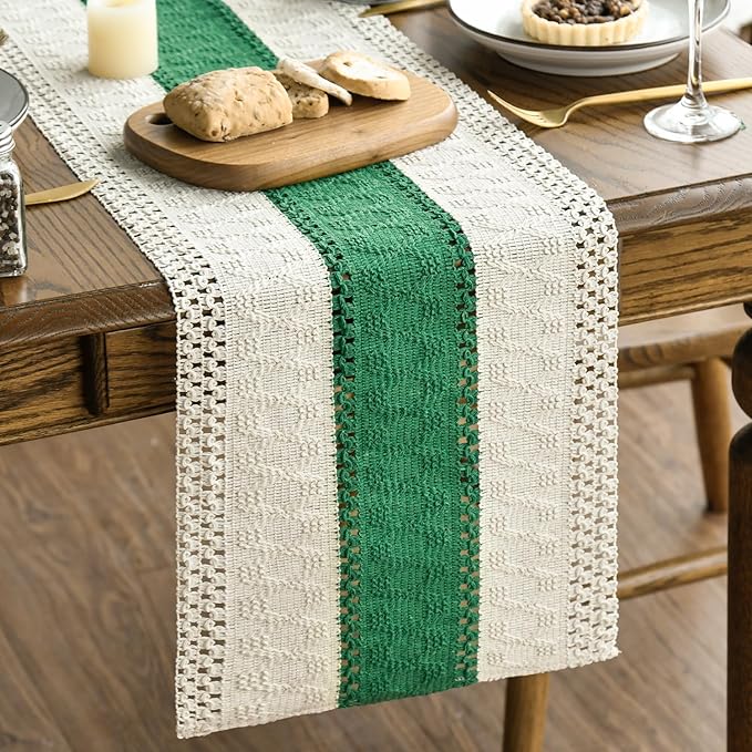 Artoid Mode Dark Green Farmhouse Rustic Table Runner, Seasonal Holiday Hollow Kitchen Dining Table Decoration for Home Party Decor 12x108 Inch