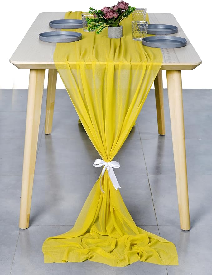 MDS 25 Pack 10ft Chiffon Table Runner 29 x 120 Inches Sheer Wedding Runner Romantic Rustic Table Runner for Wedding Decorations, Birthday Parties, Bridal Shower Party Arch Decor - Yellow