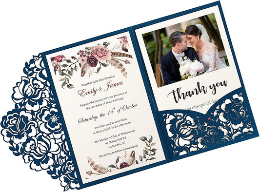 DORIS HOME 50pcs Laser Cut Wedding Invitations with Envelopes Blue, 4.7x7.1 Personalized Invitation Cards for Wedding, Anniversary Invitations with Envelopes