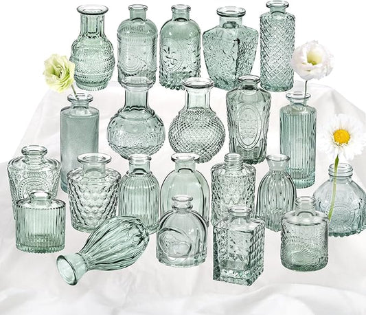 Green Glass Bud Vase Set of 22, Small Vases for Flowers, Clear Glass Vases for Centerpieces, Mini Bud Vases in Bulk Rustic Wedding Decorations, Centerpieces, Vintage Look Home Table Flower Decor