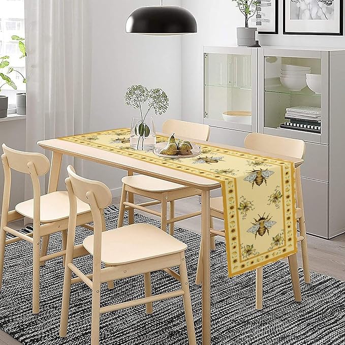 Honey Bee Table Runner, Farmhouse Yellow Sunflower Retro Summer Linen Tables Runners for Kitchen Dining Table Home Party Decor, 13x70inch