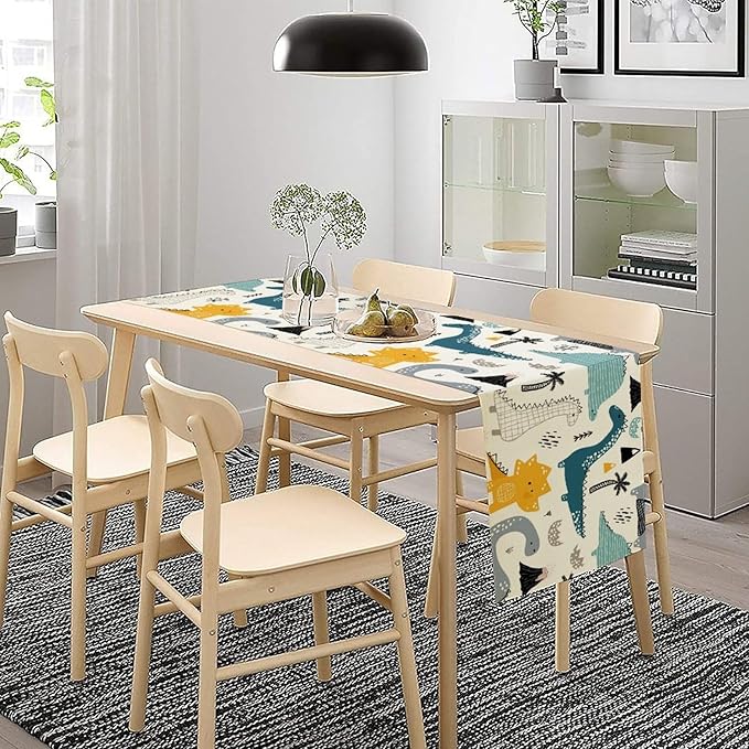 Cartoon Dinosaur Table Runner,Kids Boys Cute Various Dino Moutain Modern Abstract Print Tablecloth Burlap for Hotel Indoors Outdoor Dining Room Kitchen Holiday Party, 13x90in