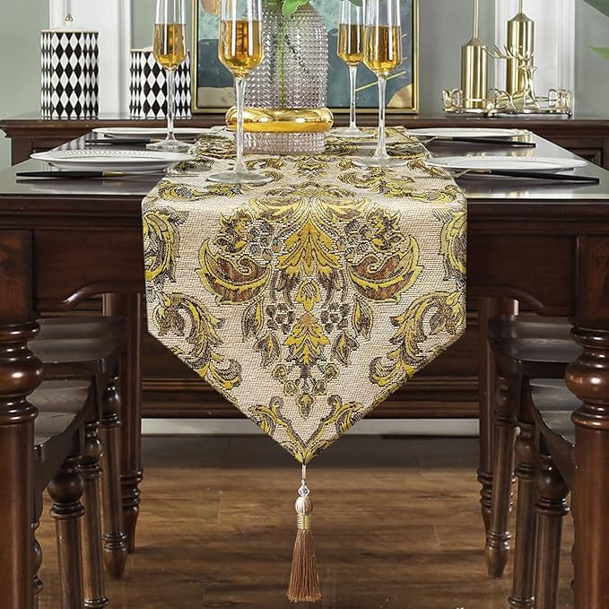 13x108 inch Exquisite Gold Floral Jacquard Table Runner Thick Beige Chenille with Elegant Tassels
