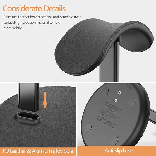 Headphone Stand with Wireless Charger, Gaming Headset Holder Hanger Rack 2 IN 1 Wireless Charging Station Dock for iPhone 15/14/13/12/11 Series, Samsung, AirPods Pro/3/2 and Desk All Headphones, Black