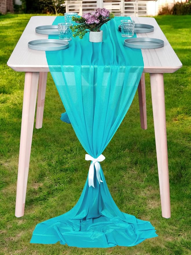 MDS 25 Pack 10ft Chiffon Table Runner 29 x 120 Inches Sheer Wedding Runner Romantic Rustic Table Runner for Wedding Decorations, Birthday Parties, Bridal Shower Party Arch Decor - Peacock Blue