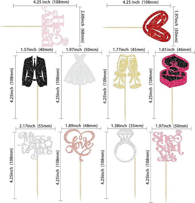 Gyufise 30Pcs She Said Yes Cupcake Toppers Glitter Diamond Ring I Do Love Cupcake Picks Miss to Mrs He Asked Bridal Shower Wedding Engagement Bachelorette Cake Decoration Multicolor