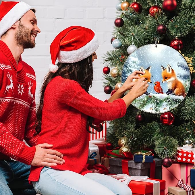 Christmas Round Fox Metal Tin Sign - Red Bird Winter Vintage Sign for Home & Outdoor Decorations - 12 * 12 in