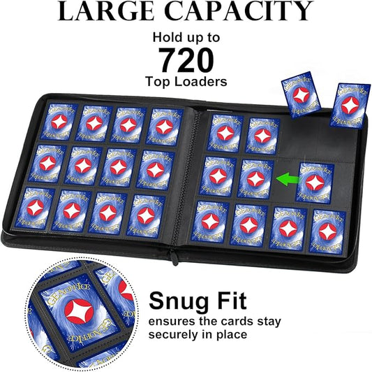 GEAoffice Trading Card Binder 12 Pocket Hold 720 Cards, Premium PU Cover Zipper Collection Binder, Ringless Sturdy Side Loading Card Album Folder for YuGiOh, MTG, TCG, Game & Sports, Non-PVC, Black